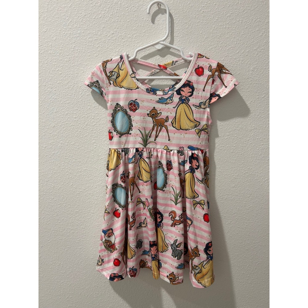 Bad Kitty Snow White Bambi Pink Striped Criss Cross Back Dress Kids 4/5